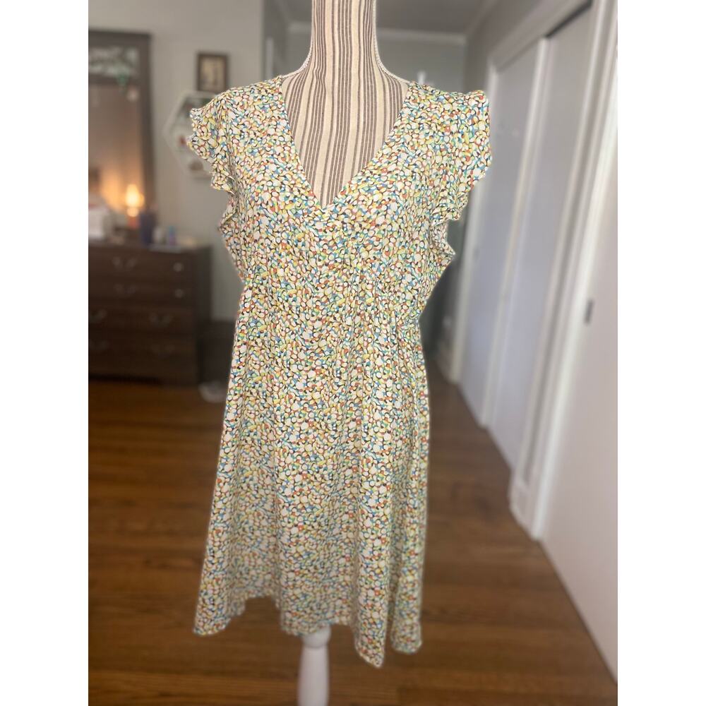Multi color mosaic print flutter sleeve above the knee dress